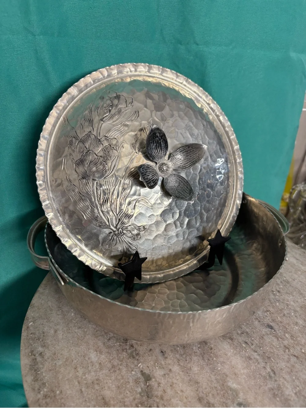 Hand-Hammered Silver Metal Serving Bowl and Decorative Tray - Silver